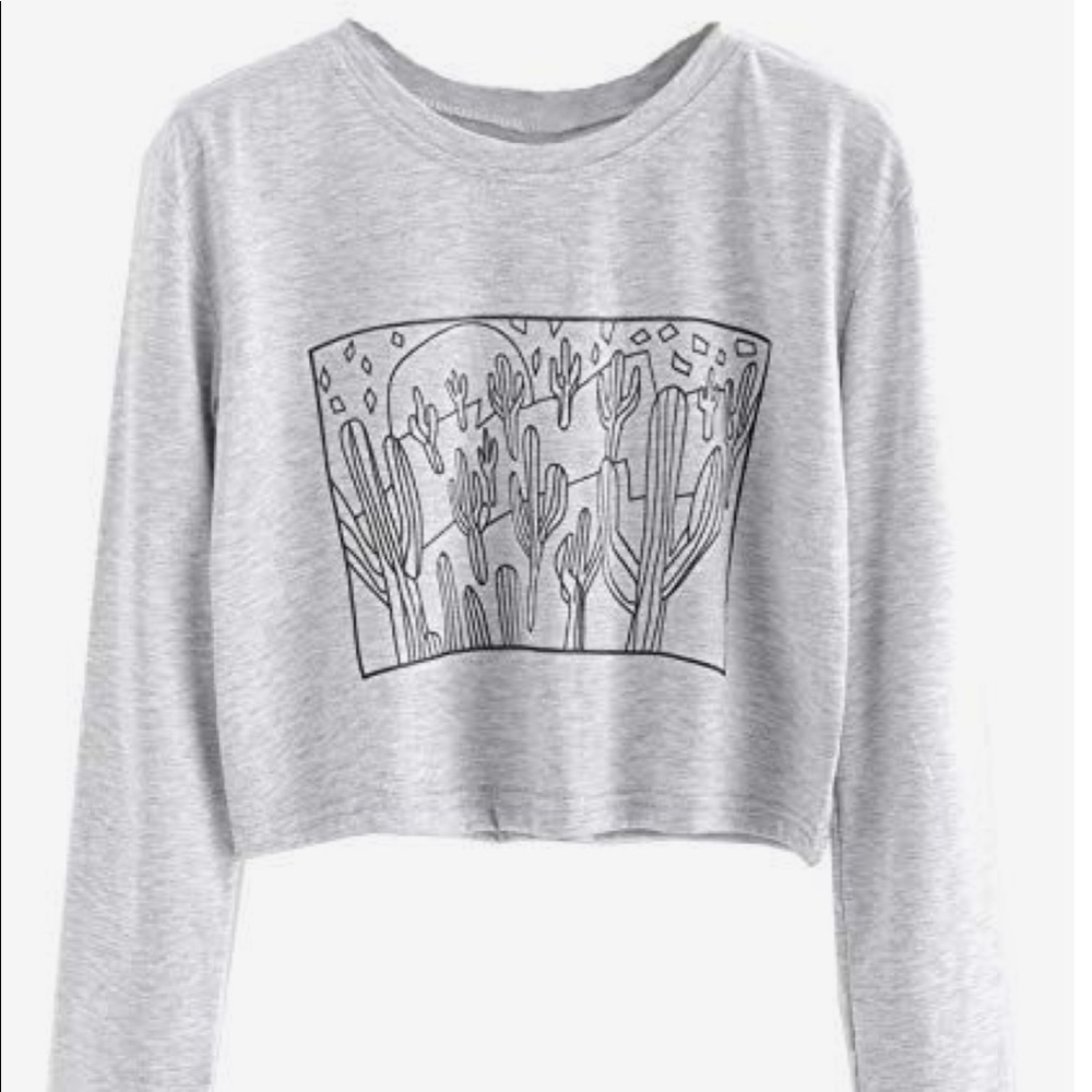 Grey Cactus Crop Top Long Sleeve